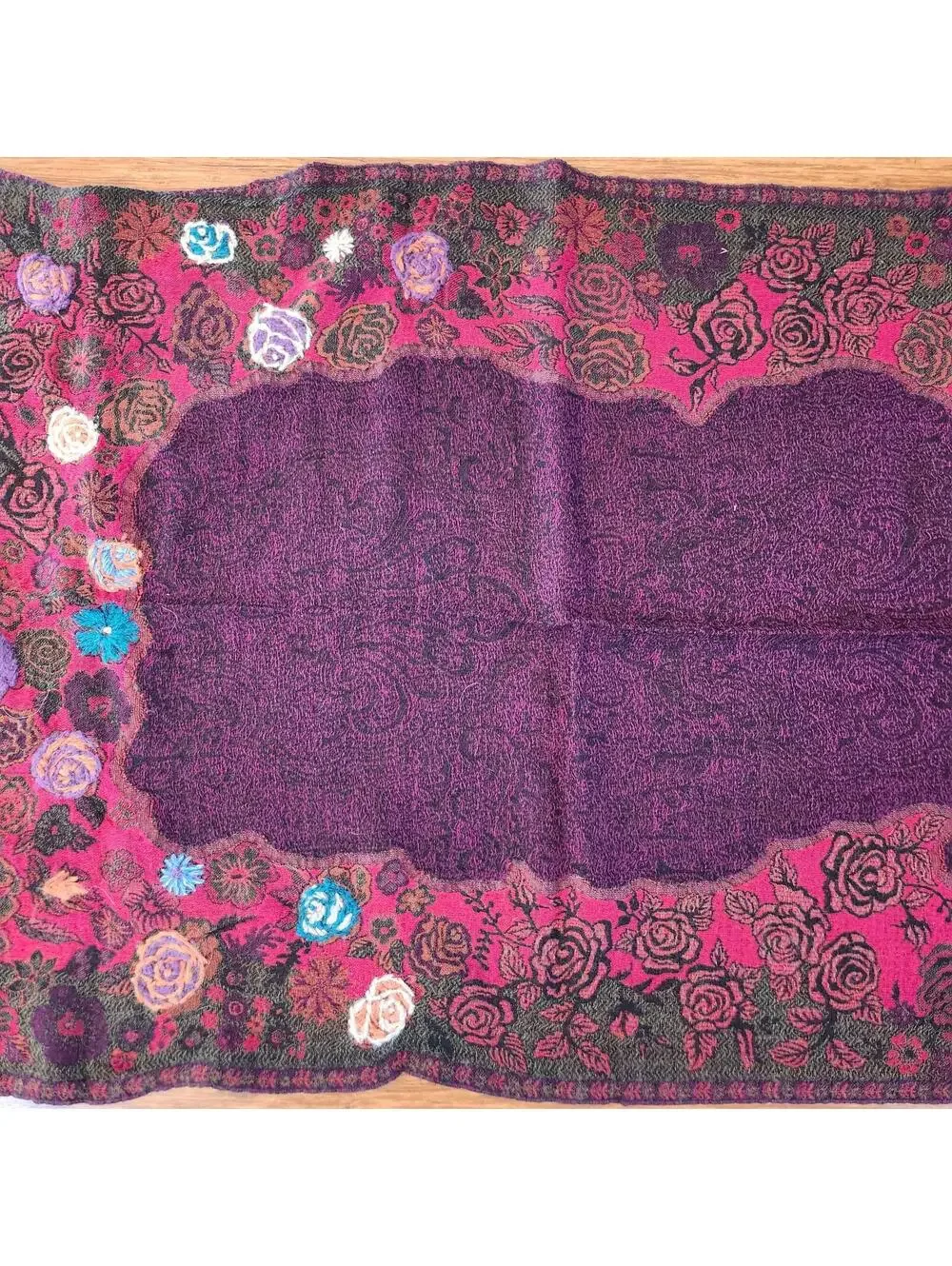 Cozy Floral Embroidered Purple Wool Scarf with Fringe